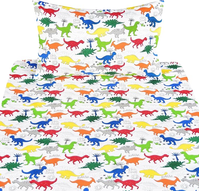 Scientific Sleep Colorful Dinosaur Cute Fun 100% Cotton Cozy Twin Bed Sheet Set, Flat Sheet & Fitted Sheet & Pillowcase Kids Boys Girls Natural Bedding Set (Dino, Twin)
