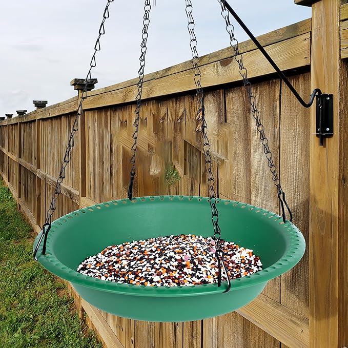 Hanging Bird Feeder Tray with Drainage Holes for Outside, Bird Seed Catcher Tray, Feeding Station (14 inch, Green)