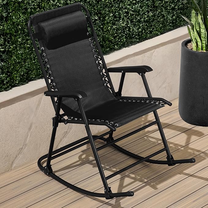 Best Choice Products Outdoor Folding Rocking Chair, Zero Gravity Lounge Chair, Patio Rocker w/Headrest Pillow - Black