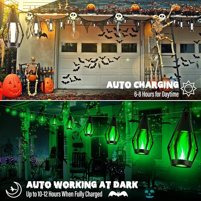 iBaycon Solar Halloween Lights, 42Ft 15 LED Bulbs Flickering Flame String Light, Outdoor Waterproof Solar Flame Lights for Garden Yard Patio Halloween Decorations (Green)