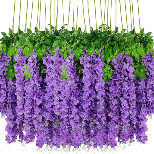 6pcs Artificial Wisteria Flowers 3.6 Feet/Piece Purple Dense Artificial Fake Wisteria Vine Ratta Hanging Garland Silk Flowers String Home Party Wedding Decor（Purple-Dense）