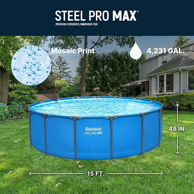 Bestway Steel Pro MAX 15’ x 48" Above Ground Pool, Round Metal Frame Outdoor Swimming Pool for Backyard, Blue, Pool ONLY