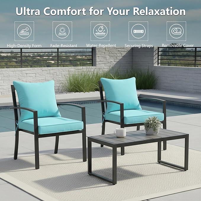 24x24 Inch Outdoor Chair Cushions Set of 2, Patio Furniture Cushions - Removable Cover, Water-Repellent, Fade-Resistant, Non-Slip Bottom & Straps, Replacement for Deep Seat Sofa & Couch - Light Blue