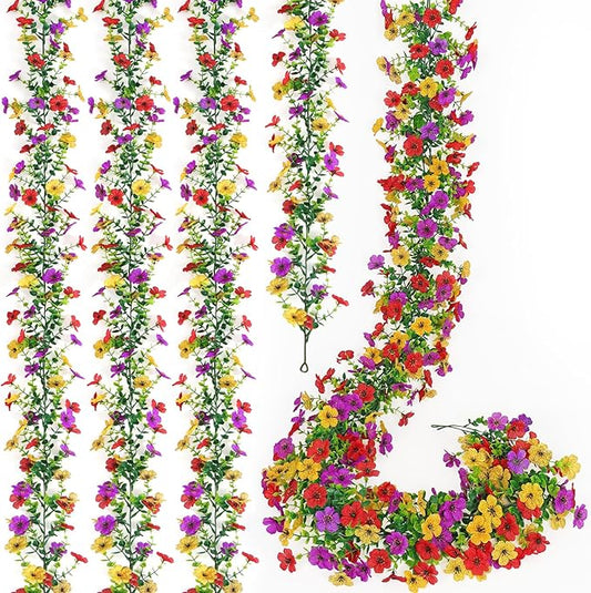 4 Pack Artificial Flower Garland,5.9FT UV Resistant Fake Daisy Floral Vine Silk Hanging Spring Wild Flower Garland for Home Mantle Garden Wedding Booth Backdrop Decor (Red Yellow Purple)