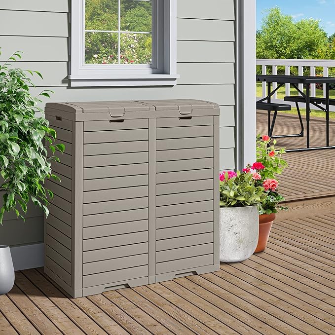 DWVO Outdoor Large Resin Trash Can, 76 Gallon Classified Hideaway Garbage Bins with Dual Lid and Drip Trays for Porch, Backyard, Deck, Patio, Poolside, Easy to Clean, 248 Quart, Taupe