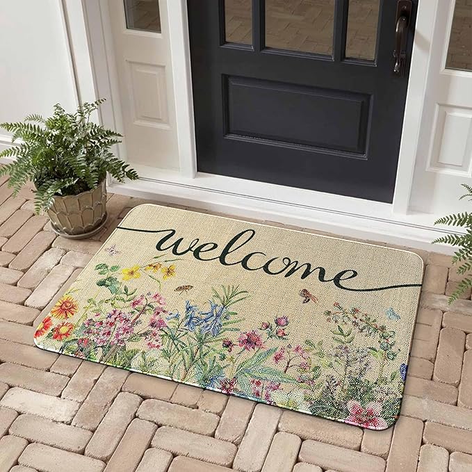 Spring Floral Decor Welcome Door Mat 2 Piece, Hello Summer Flower Home Decoration Non-Slip Indoor Outdoor Front Doormats Rug 17"x47"+17"x30"