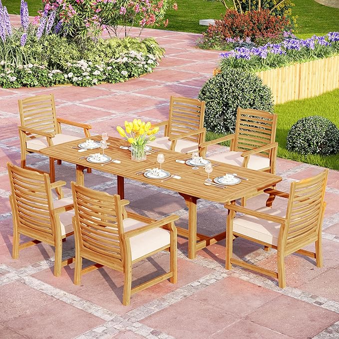 PHI VILLA 7 PCS Acacia Wood Outdoor Dining Set for 6, Expandable Teak Wooden Table & Chairs with Cushions, Farmhouse Dining Furniture Set for Patio, Deck, Yard