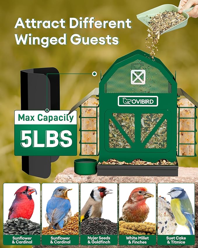 Bird Feeders for Outdoors Hanging, 5LBS Large Bird Feeder with 2 Suet Cage, Red Barn Metal Birds Feeder for Outside, Weather Resistant Cardinal Feeders, ldeal Birds Watching Gifts (Green)