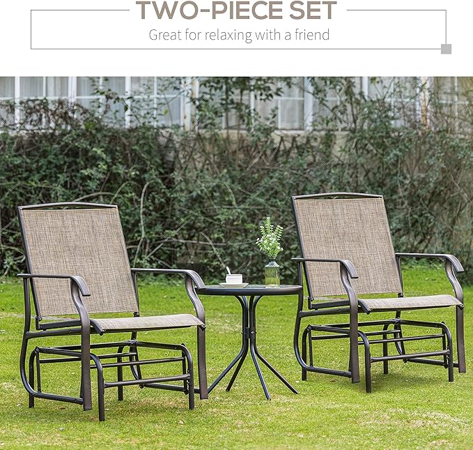 Outsunny 2 Piece Glider Set, Outdoor Swing Chairs, Patio Rocking Armchairs with Breathable Mesh Fabric, Steel Frame for Garden, Backyard, Patio, Dark, Brown/Khaki