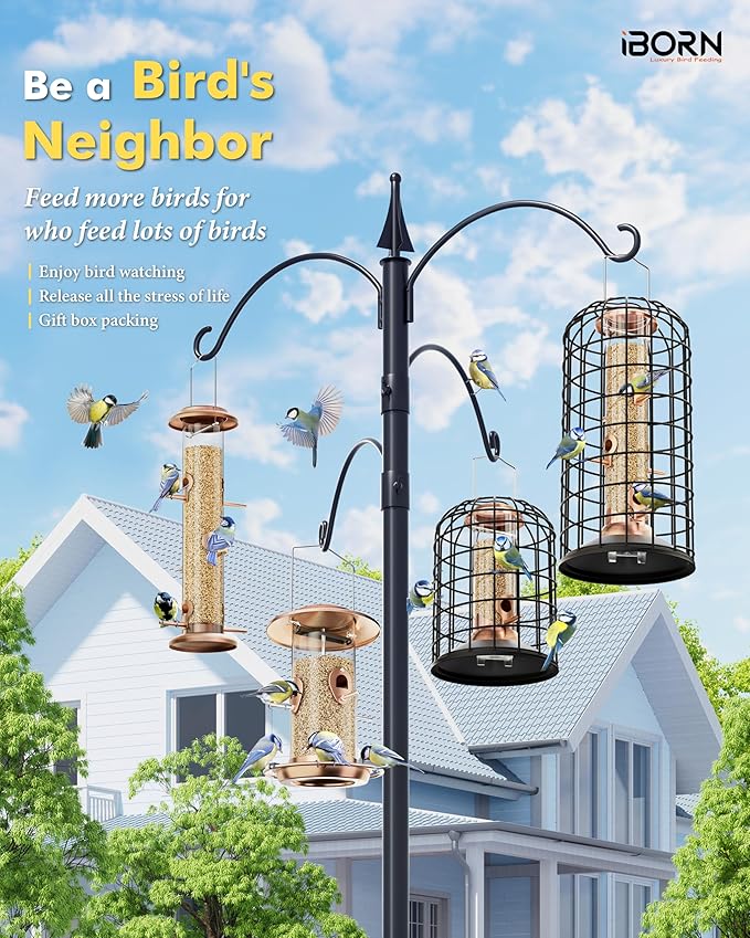 iBorn Bird Feeders Hanging - Squirrel Proof Bird Feeders for Outdoors, Pigeon Proof Caged Feeder, Heavy Duty All Metal Copper 14 Inch, Hanging Cage Feeder for Mix Seed Blends & Garden