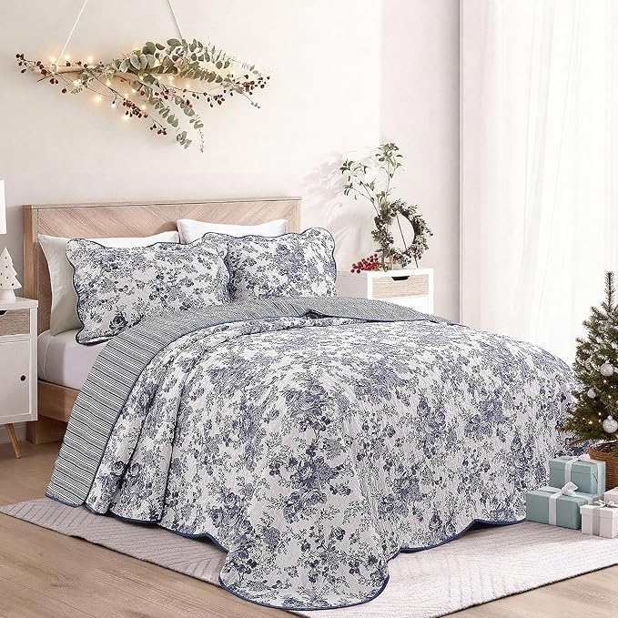 Wonderful 100% Cotton Blue Floral Bedspread Set Twin Size, Quilt Bedding Sets with Pillow Sham, 2 Pieces Floral Coverlet, Quilted Blanket Bed Cover for All Season, 80"x110"