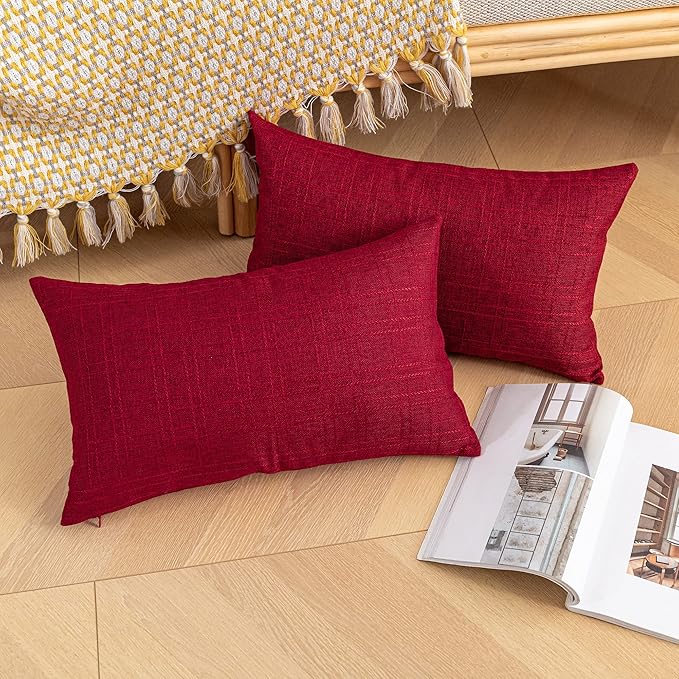 Kevin Textile Outdoor Waterproof Lumbar Pillow Covers 12x24 Inch Pack of 2 Checkered Decorative Rectangle Cushion Throw Pillowcases Shell for Patio Tent Garden Couch Bed Sofa Red