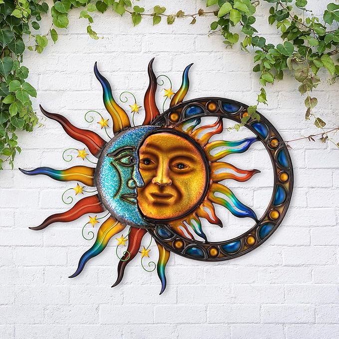 Glitzhome Sun and Moon Wall decor, Metal Stylish and Artistic Sun and Moon Yard Art with Sturdy Powder-Coated Various Color Decorative Garden Sign for Outdoor and Indoor