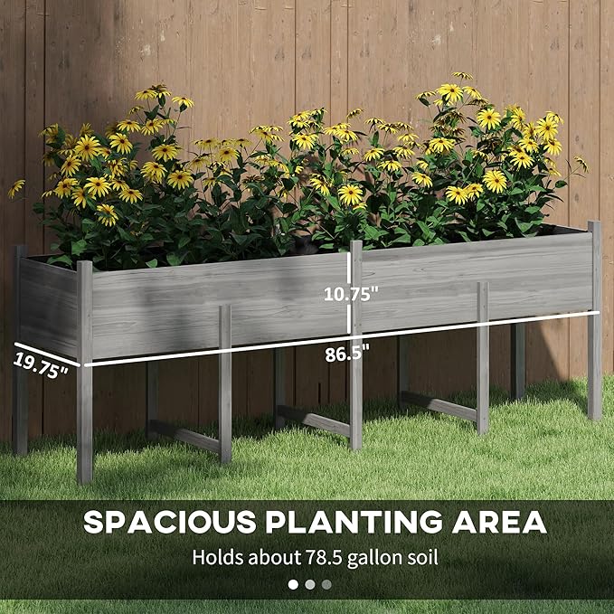 Outsunny Wooden Raised Garden Bed with Legs, Large Elevated Planter Box with Bed Liner and Drain Holes for Vegetables Flowers Herbs, Outdoor and Indoor, 7.4' x 1.8' x 2.6', Gray