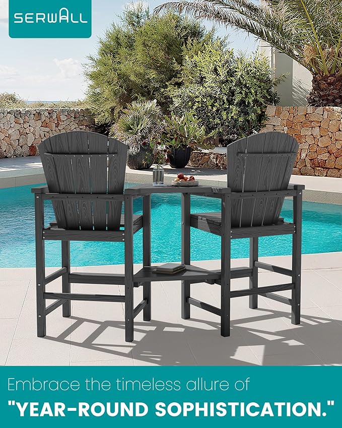 SERWALL Tall Adirondack Chairs Set of 4 with Double Layer Connecting Tray, HDPE Bar Height Outdoor Chairs, Wood-Like Adirondack Bar Stools for Patio, Balcony, Porch, Grey