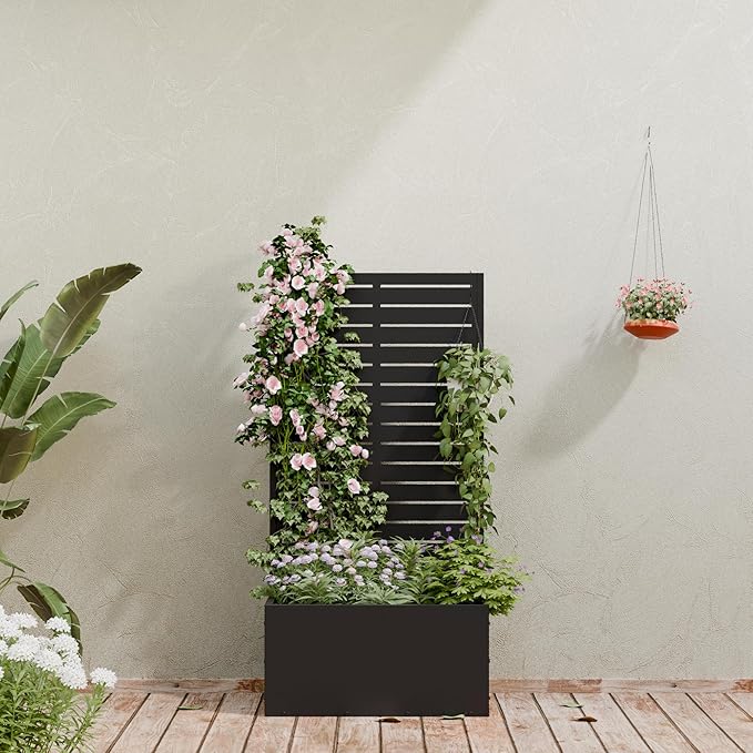 Casaphoria Metal Raised Garden Bed, 47"x24"x12" Planter Box for Climbing Plants, Vegetables & Vines, Features Drainage Holes and Privacy Screen (Black-Louvered)