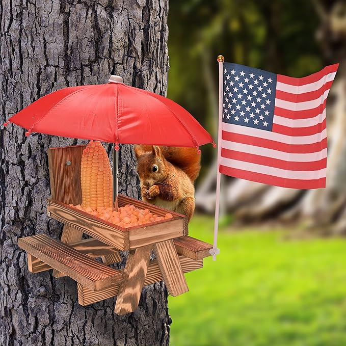 Squirrel Feeder Picnic Table with Umbrella, Wooden Squirrel Table Feeder Outside Funny with Corn Cob Holder for Yard and Porch Decoration, Easy to Fill Peanuts in Shell and Nuts