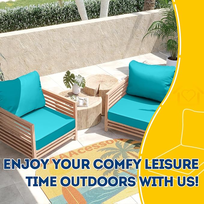 AAAAAcessories Outdoor Seat Cushions for Chairs, Fade-Resistant, Waterproof Patio Furniture Replacement Cushions, 25.5" x 25.5" x 5" + 25.5" x 19", Turquoise Blue