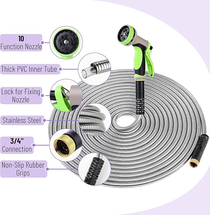 UNCO- Metal Garden Hose, 25 ft, Stainless Steel, Heavy Duty Flexible Hose with 10-Function Spray Nozzle & 3 Extra Washers, No-Kink, Lightweight, Puncture Proof for Outdoor Yard, Lawn, Plants, Car Wash