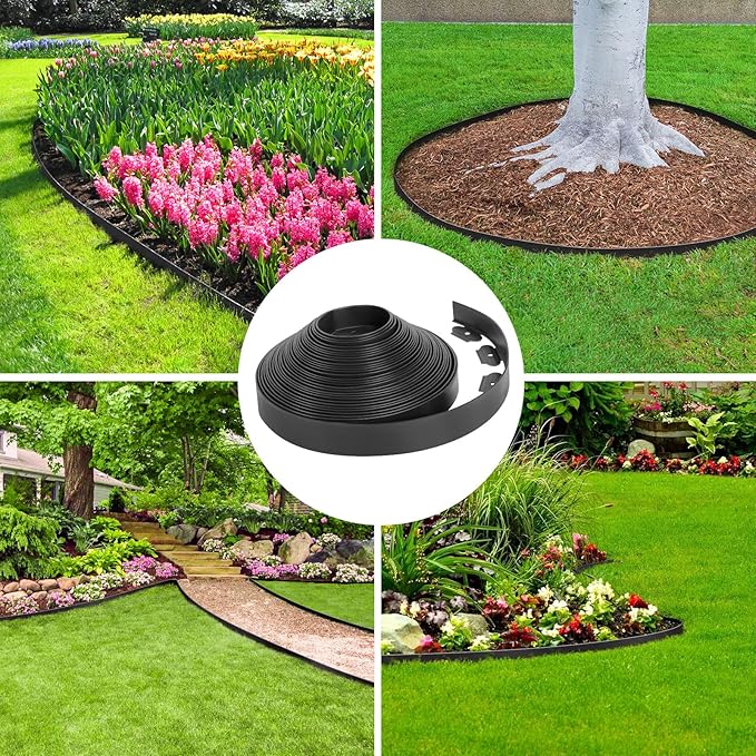 2-Inch x 33 FT Landscape Edging Border with 50 Spikes, Garden Edging Border Lawn Edging, Plastic Edging for Landscaping Flower Beds Yard Pathway Paver Edging (Black)