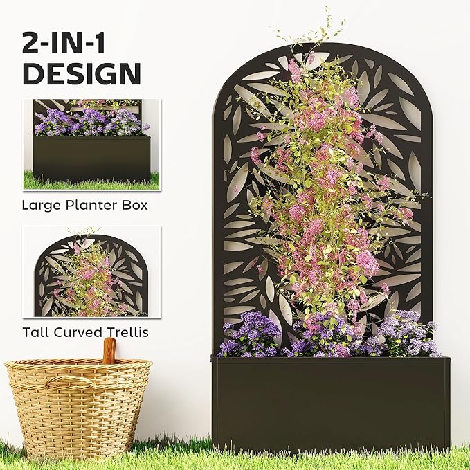 Outsunny Metal Raised Garden Bed with Trellis for Climbing Plants, Freestanding or Wall Mounted Flower Bed with Cueved Privacy Panel, Leaves Cut-Out Outdoor Planter Box for Garden, Patio, Balcony