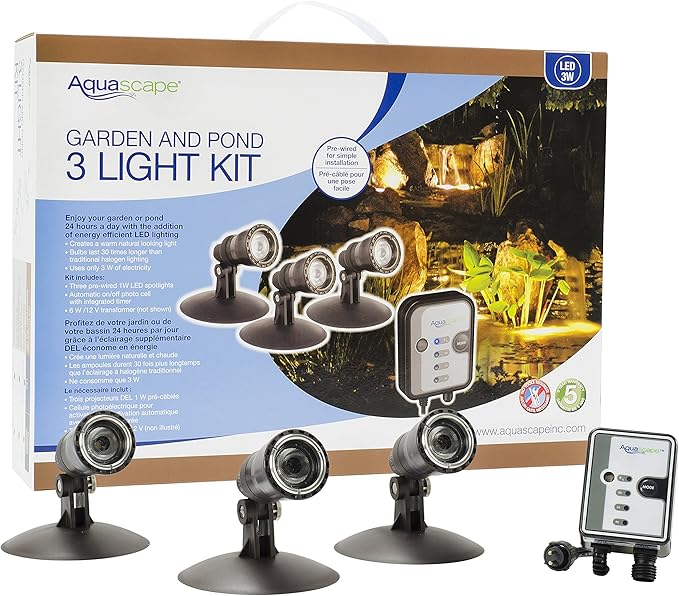 Aquascape Underwater Waterproof Submersible Natural Three-Light LED Spotlight Aquarium Lamp Kit for Fountain Fish Pond, Water Garden, and Landscape Features, 1-Watt Lights, 84030