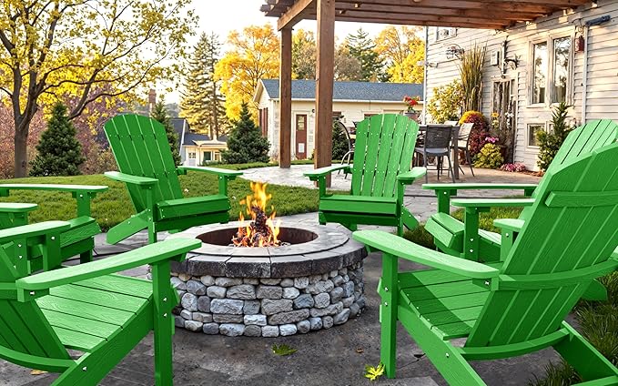YEFU Adirondack Chairs Set of 8: Plastic Adirondack Chairs - Patio Chairs with Wood Texture - Outdoor Chair HIPS - Lawn Fire Pit Deck Porch Garden Chairs for Adults (Lime)