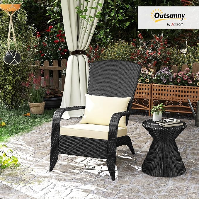 Outsunny Patio Wicker Adirondack Chair, Outdoor All-Weather Rattan Fire Pit Chair with Soft Cushions, Tall Curved Backrest and Comfortable Armrests for Deck or Garden, Deep Brown/Cream White
