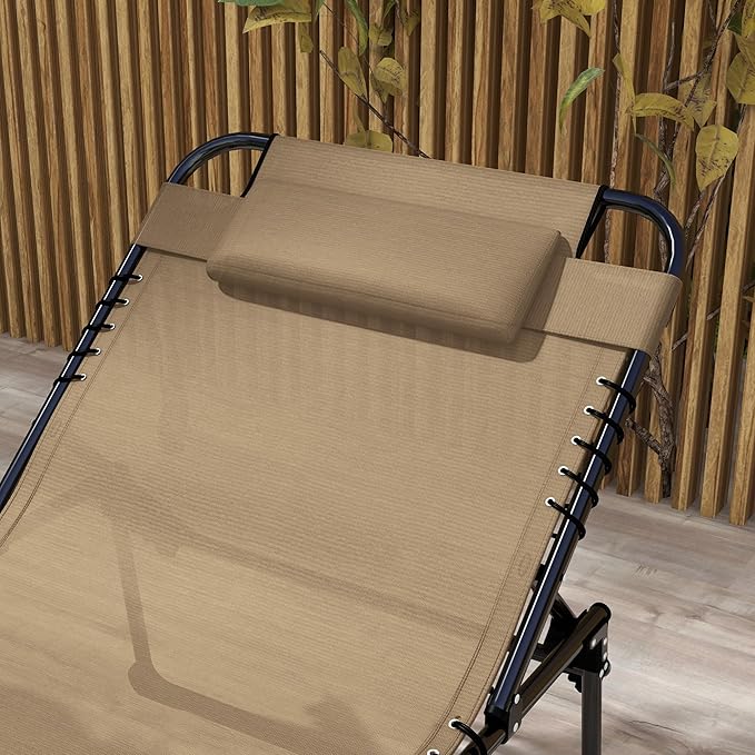 Outsunny 2 Piece Folding Chaise Lounge with 5-Level Reclining Back, Tanning Chair with Face Hole, Outdoor Lounge Chair with Side Pocket & Headrest for Beach, Yard, Patio, Beige