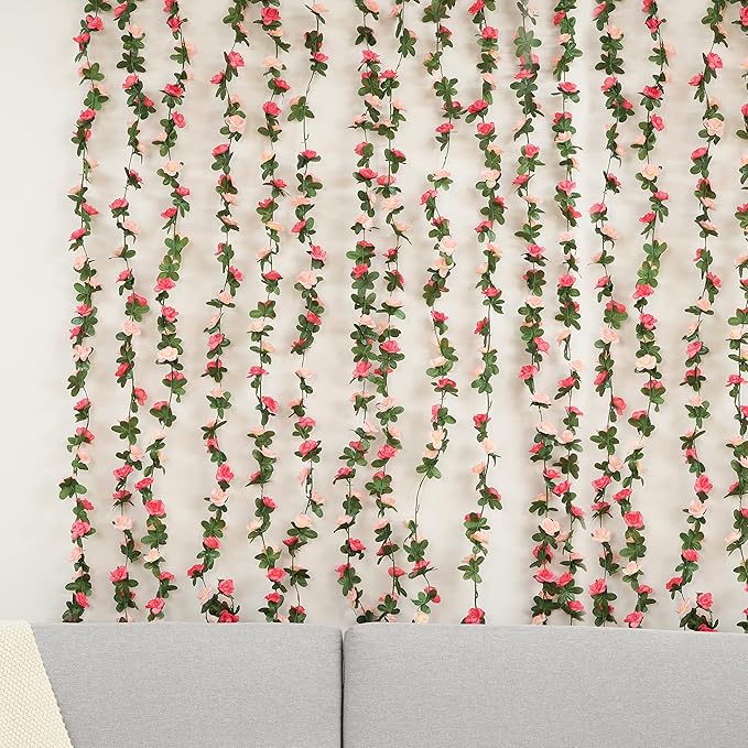 BLEUM CADE 16Pcs 131.2Ft Flower Garland Artificial Rose Vines for Bedroom, Cute Fake Hanging Flower Vines Floral Garland Decorations for Wedding Party Wall Room Decor Aesthetic