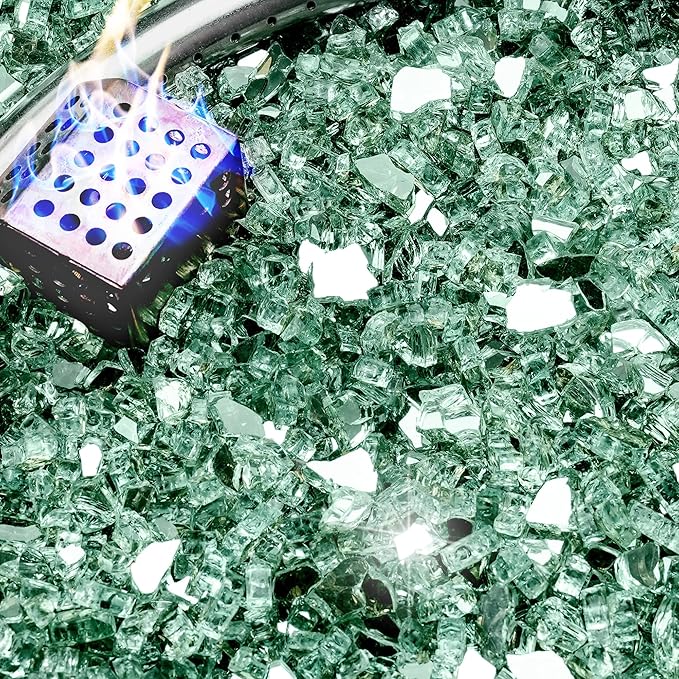 NUPICK 5 Pound Fire Glass, 1/4 Inch Reflective Fire Pit Glass, Tempered Firepit Glass Rock for Propane or Natural Gas, Glass Rocks for Fire Pit Table, Fireplace Glass for Landscaping, Green