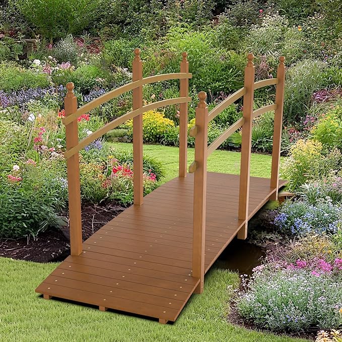 VINGLI Garden Bridge, Classic Wooden Bridge with Safety Rails, Decorative Arhced Footbridge for Patio Pond, Creek, Pathway (Brown, 7.5 ft)