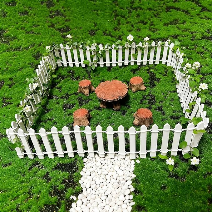 Fairy Garden Accessories, 35 Inch White Mini Fence & Outdoor Miniature Table and Chairs Set Resin Furniture Ornaments Kit Micro Landscape Decor for DIY Craft Gift Dollhouse Succulents Home Decoration