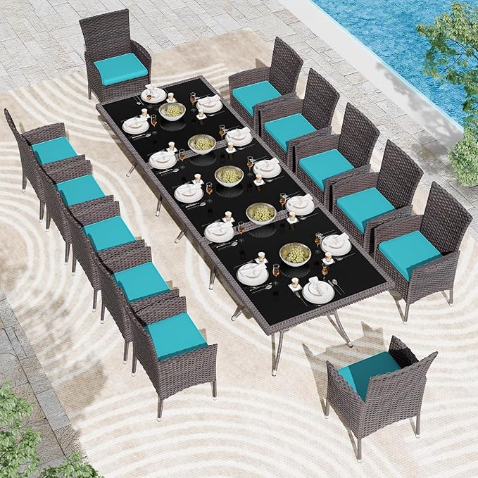 Kullavik 15-Piece Outdoor Dining Set Patio Rattan Furniture Set,Patio Dining Table and Chairs Set with 12 Chairs and Cushions,Square Glass Tabletop with Umbrella Hole for Patio,Backyard,Garden,Blue