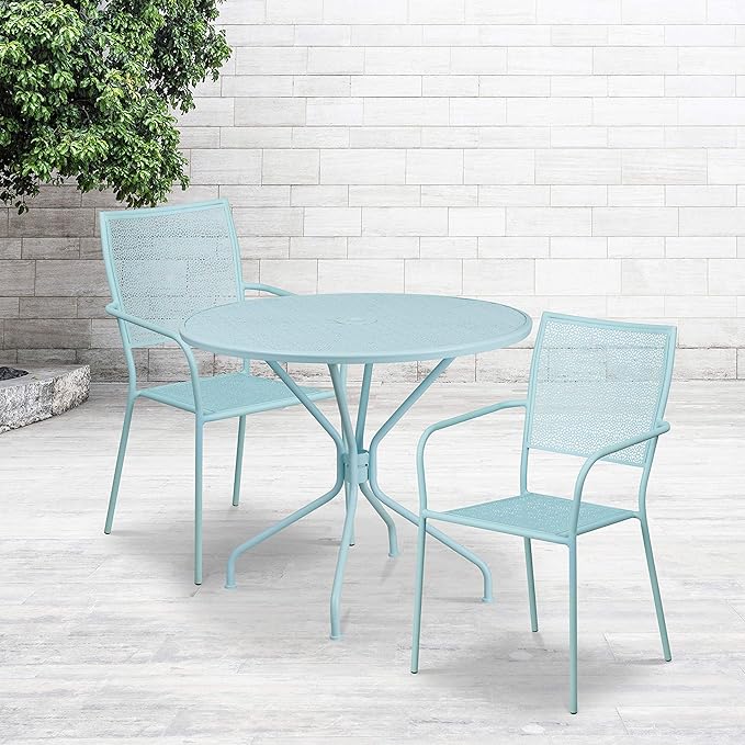 Flash Furniture Commercial Grade 35.25" Round Sky Blue Indoor-Outdoor Steel Patio Table Set with 2 Square Back Chairs