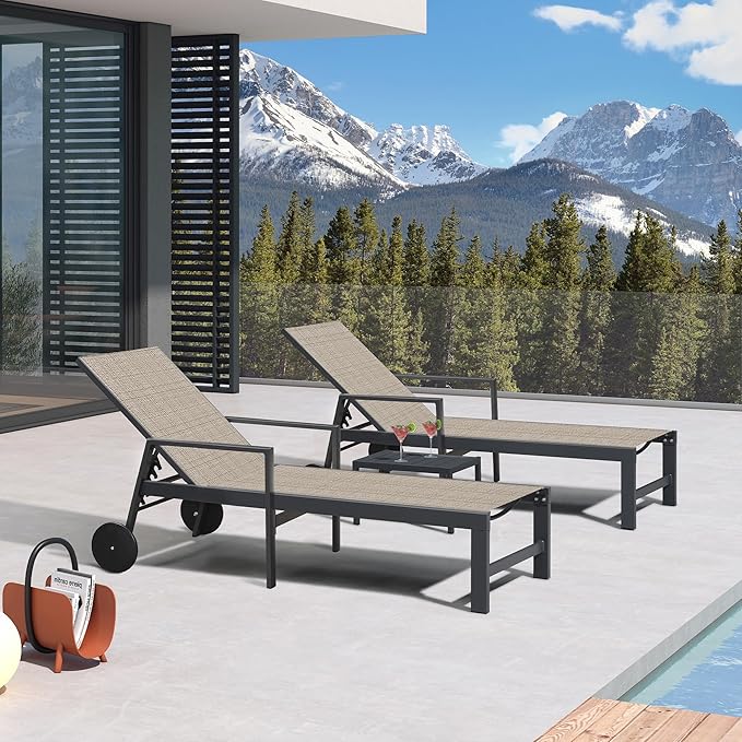 PURPLE LEAF Chaise Lounge Chair with Wheels for Outside 4 Pieces Aluminum Outdoor Lounge Chairs with 5 Adjustable Position Recliner for Patio Beach Yard Pool Side Table Included Camel
