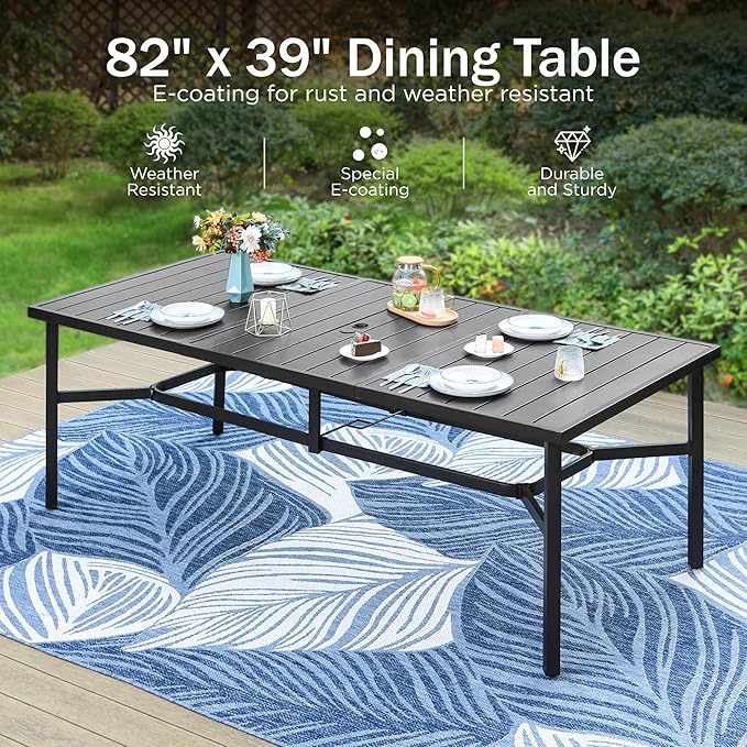 PHI VILLA 9 Pieces Outdoor Dining Set for 8, 83" Rectangular Metal Dining Table with Umbrella Hole & Stackable Wrought Iron Chairs with Cushions, Large Furniture Set for Patio, Deck, Yard, Porch