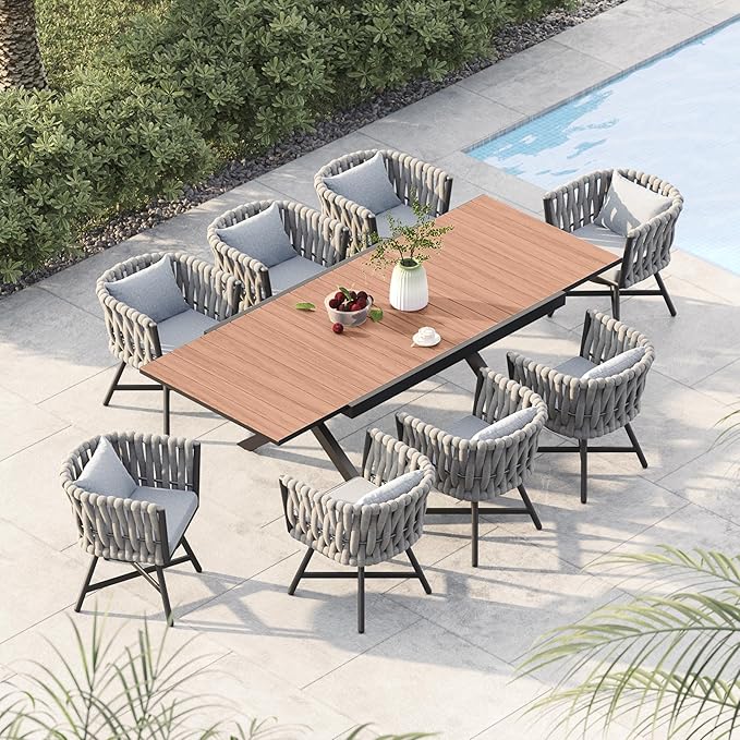 Grand patio 9-Piece Outdoor Dining Set for 8, Patio Dining Furniture Set for 8 Swivel Rope Wicker Chairs & 1 Extendable Rectangular Dining Table, Light Gray Brown