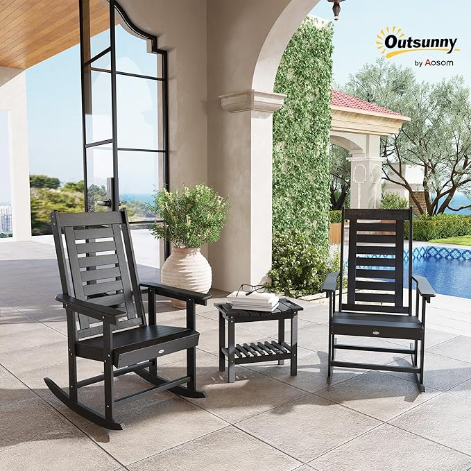 Outsunny Outdoor Rocking Chairs Set of 2, HDPE Patio Rocking Chairs with 28" High Back and Wide Armrests, All-Weather Slatted Porch Rockers for Garden, Balcony, Fire Pit, Black