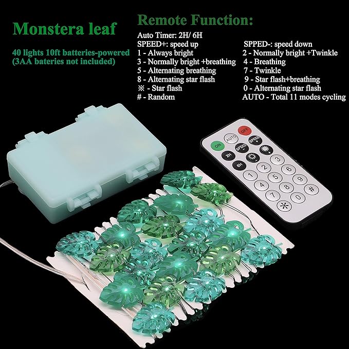 Summer Tropical Leaf Lights for Bedroom Battery - Operated Fairy Lights with Remote - Tropical Monstera Green Decor Acrylic Monstera Leaf Decor for Summer Party Home