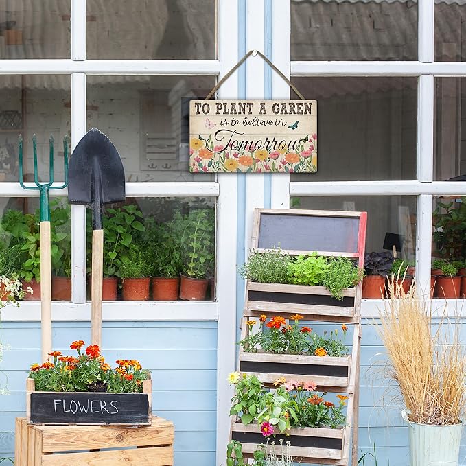To Plant a Garden Is to Believe in Tomorrow Garden Sign - Retro Wooden Hanging Spring Decor for Country Rustic Garage Home Farmhouse Wall Fence Decor Gift for Mothers, Grandmas, and Plant Lovers -A03