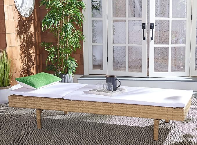 SAFAVIEH Outdoor Collection Cam Natural Brown Wicker/White Cushion Adjustable Chaise Lounge Chair, Black/Beige (PAT7501D)