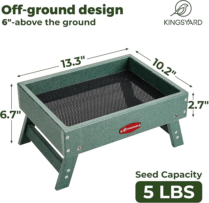 Kingsyard Ground Bird Feeder for Outdoors - Recycled Plastic Platform Feeder for Wild Birds, Squirrels, Chicken, 5 LBS Large Capacity, Green