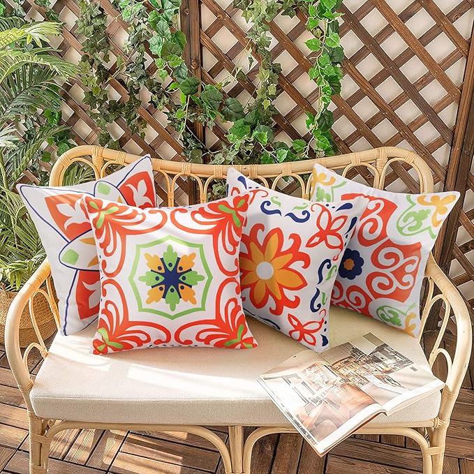 Pyonic Outdoor Waterproof Throw Pillow Covers for Patio Furniture Decorative Boho Pillow Covers 18x18 Floral Printed for Patio Tent Couch Garden Set of 4,Orange
