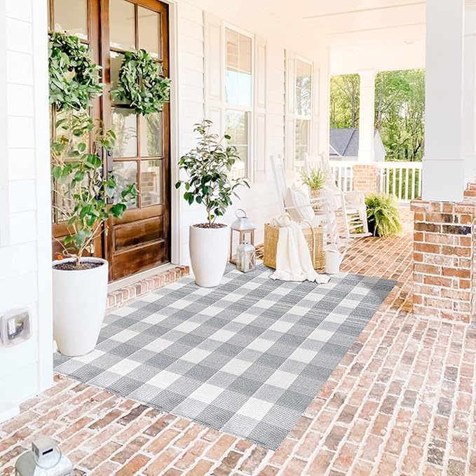 SEEKSEE Cotton Buffalo Plaid Rug 4'x6' Gray and White Checked Rug Washable Doormats Indoor Outdoor Rugs for Layered Front Door Mats, Porch, Kitchen, Farmhouse, Entryway