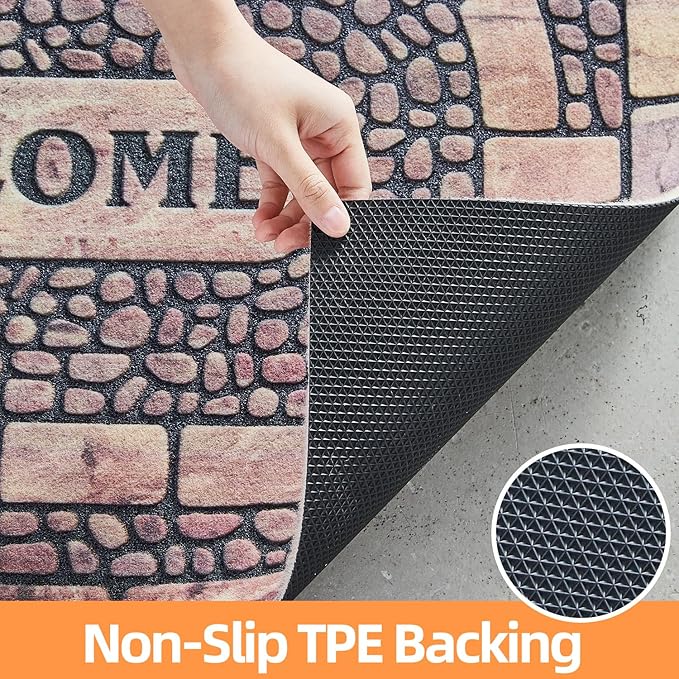Welcome Mat Front Door Mat Indoor Outside Entrance, Absorbent Heavy Duty Doormat with Non Slip Backing Entryway Rug for Front Back Door, 17x30, Cobble Print