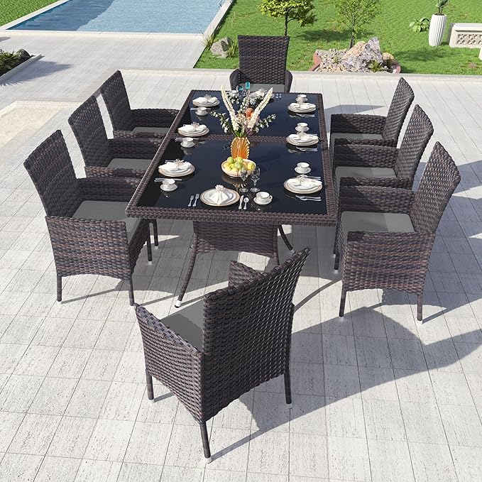 Kullavik 10-Piece Outdoor Dining Set Patio Rattan Furniture Set,Patio Dining Table and Chairs Set with 8 Chairs and Cushions,Square Glass Tabletop with Umbrella Hole for Patio,Grey