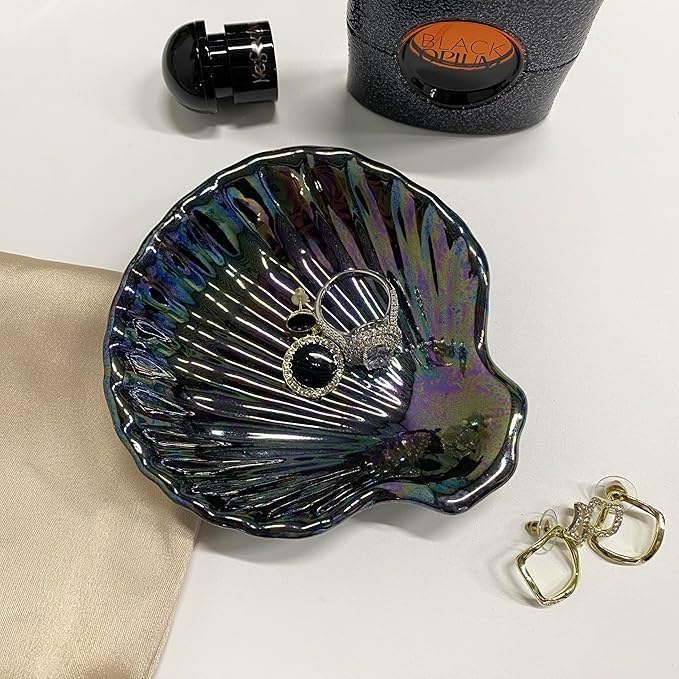 Shell Jewelry Dish Tray, Ceramic Trinket Tray Clamshell Jewelry Organizer Dish, Ring Holder Dish Room Decor, Mother's Day Valentine's Friendship Christmas Birthday Gifts for Women (Multicolor Black)