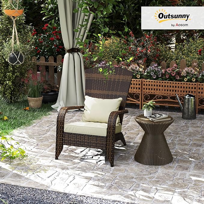 Outsunny Patio Wicker Adirondack Chair, Outdoor All-Weather Rattan Fire Pit Chair with Soft Cushions, Tall Curved Backrest and Comfortable Armrests for Deck or Garden, Mixed Brown/Cream White
