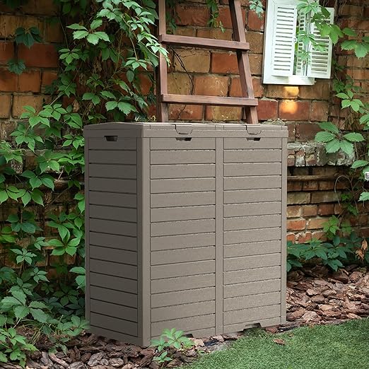 62 Gallon Outdoor Trash Can with Tiered Lid and Drip Tray,Waterproof Resin Waste Bin Indoor,Durable,Stylish,Lightweight Garbage Bin for Patio,Kitchen,Backyard and Office(Light Brown)